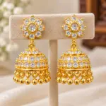 Traditional Gold Polish CZ Stone Floral Jhumka Earrings with Gold Bead Drops
