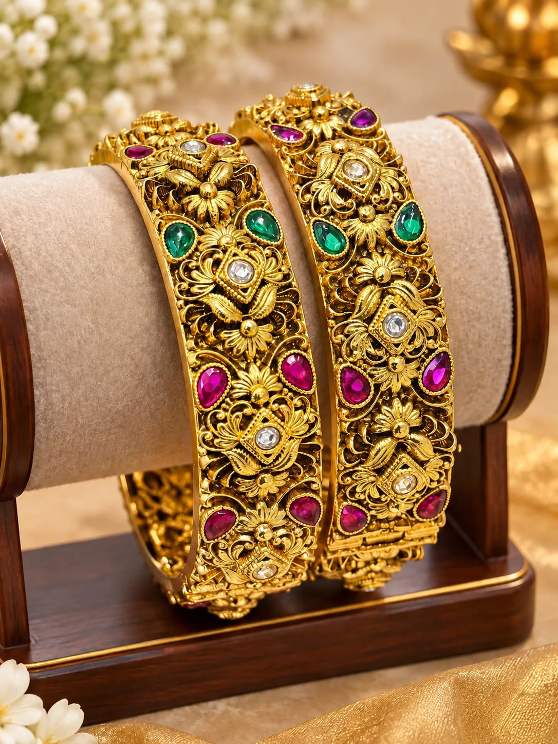 traditional-gold-tone-kemp-stone-imitation-bangles Antique Gold-Plated Bridal Kada Bangles with Ruby and Emerald Stones - Image 1