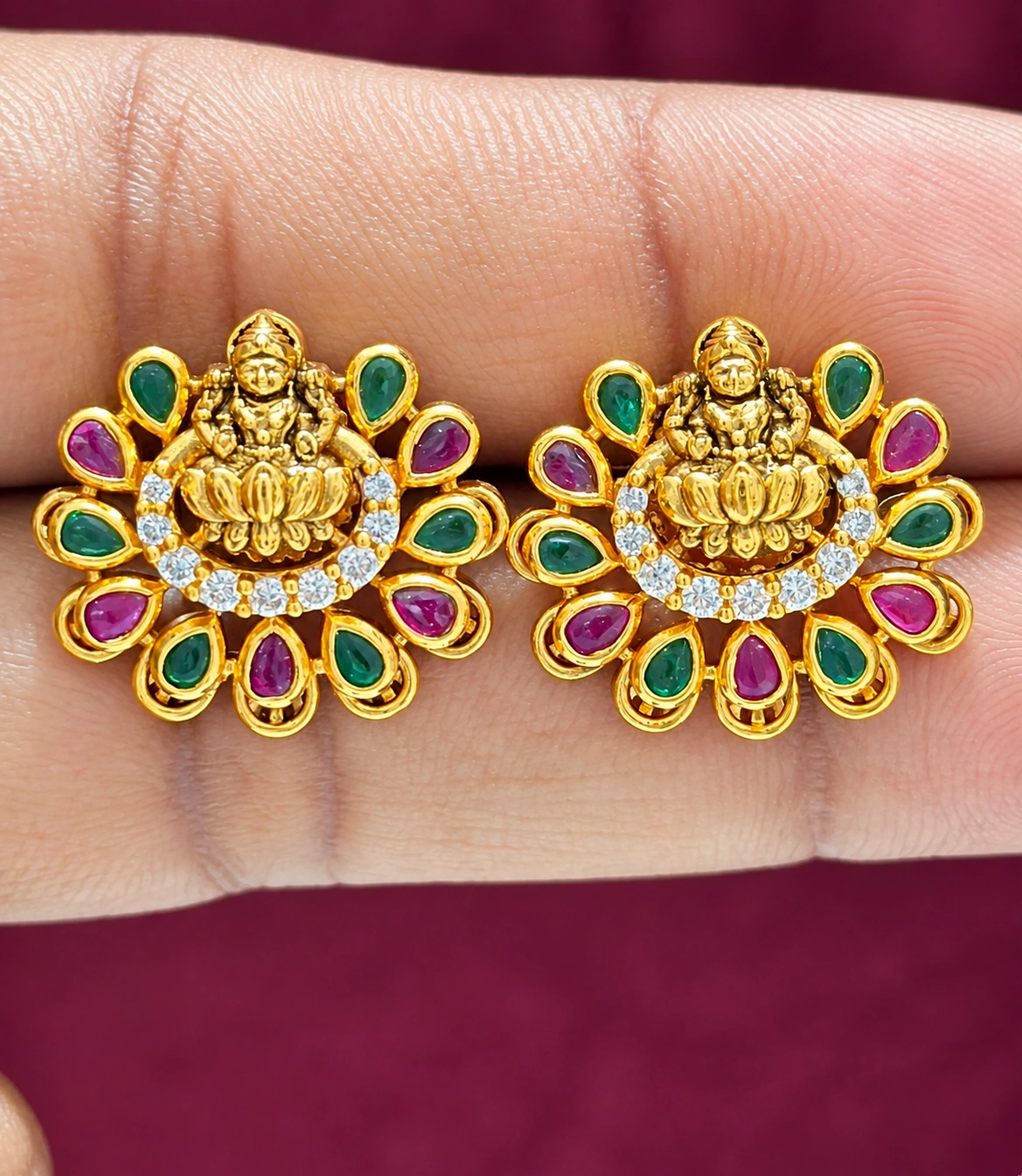traditional-lakshmi-devi-multicolor-stone-studs Traditional Lakshmi Devi Multicolor Stone Stud Earrings - Image 1