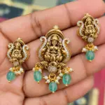 Traditional Nakshi Antique Goddess Lakshmi Temple Pendant Set with CZ Stones & Mint Green Beads