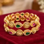 Traditional South Indian Matte Gold Lakshmi Kemp Kada Bangles with Ruby & Emerald Stones