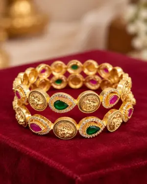 Traditional South Indian Matte Gold Lakshmi Kemp Kada Bangles with Ruby & Emerald Stones