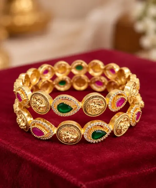 Traditional South Indian Matte Gold Lakshmi Kemp Kada Bangles with Ruby & Emerald Stones