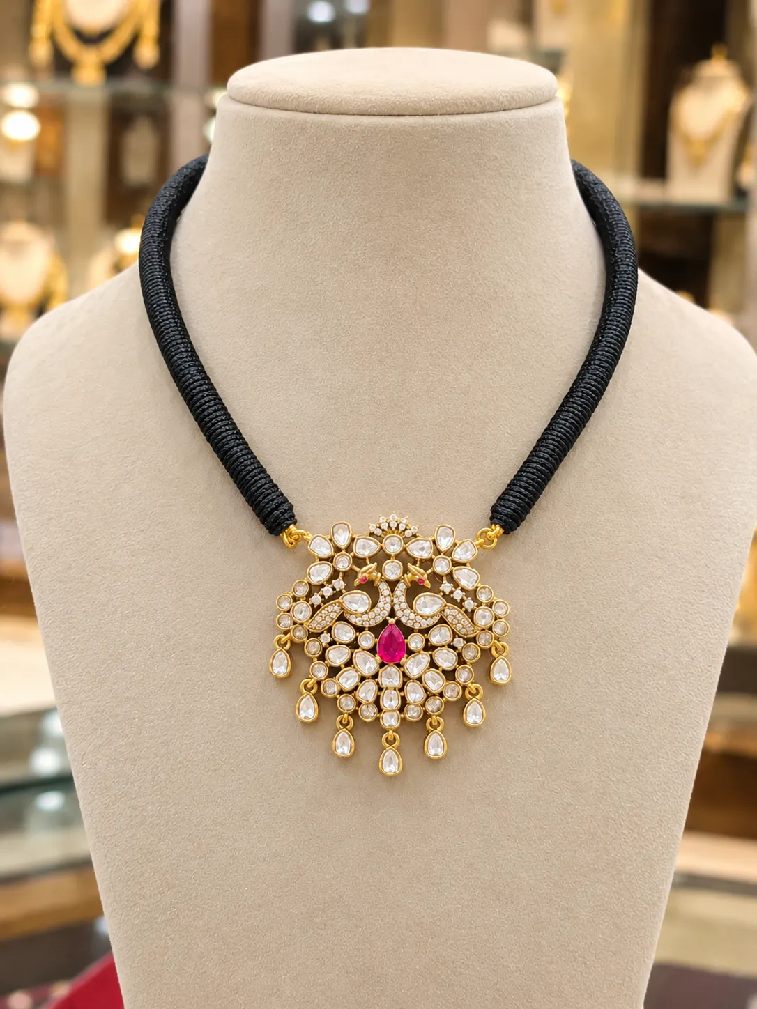 victorian-polish-dual-peacock-black-thread-necklac Victorian Polish Dual Peacock Pendant Black Thread Necklace - Image 1